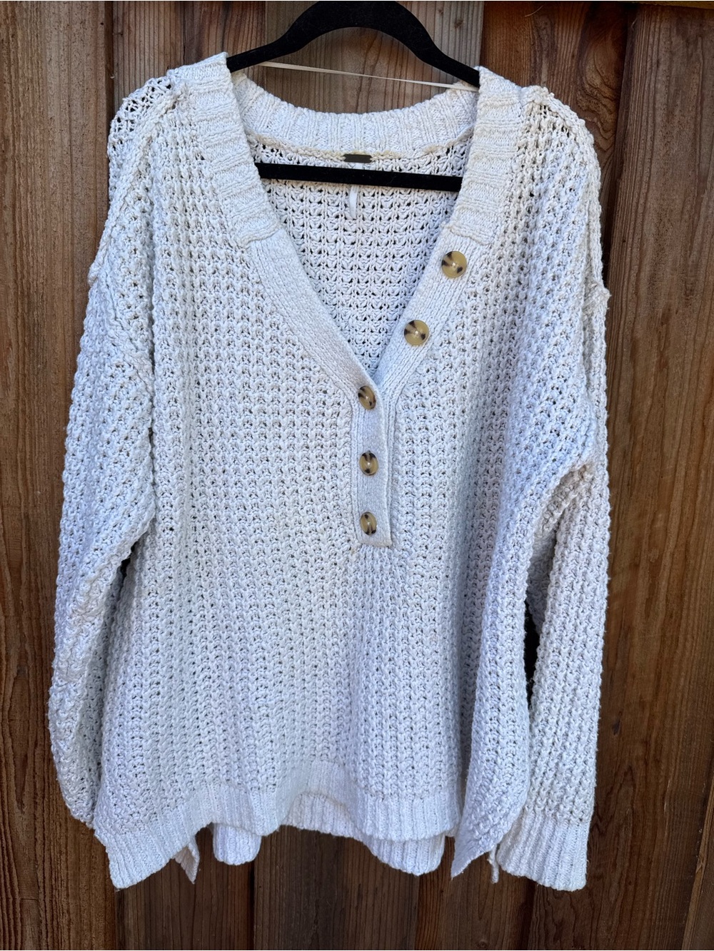 Free People Cream Open-Knit V-Neck Button Sweater